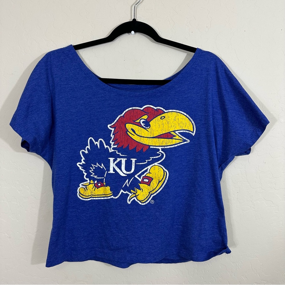 Women’s Large Short Sleeve Cropped Blue and Red Kansas City Jayhawks T-Shirt